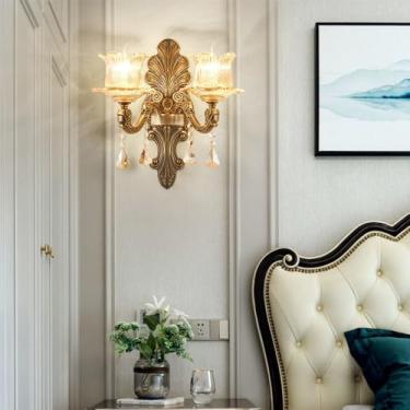 Imagem de Luminária de parede de cristal de luxo europeia, moderna, com LED, para decoração de sala de estar, quarto, escritório, quarto modelo, hotel, casa de campo, corredor (1 peça com 2 lâmpadas).