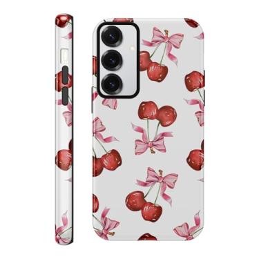 Imagem de Yomjew Capa de telefone fofa com laço cereja para Samsung Galaxy S23 5G capa de 6,1 polegadas, estampa de laço de fita rosa coquete design de impressão 2 em 1 capa brilhante à prova de choque TPU