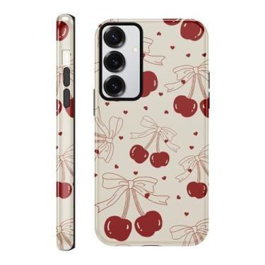 Imagem de Yomjew Capa de telefone fofa com laço cereja para Samsung Galaxy S23 5G capa de 6,1 polegadas, estampa de laço de fita vermelha coquete design de impressão 2 em 1 capa brilhante à prova de choque TPU