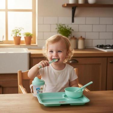 Imagem de 2 Kit Alimentação Infantil Prato Copo Talher Bpa Free Verde - FUXING