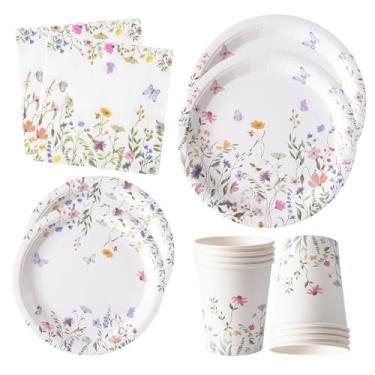 Imagem de 96 peças de pratos e guardanapos de papel de flores silvestres para decorações de chá, pratos descartáveis para chá de panela, festa no jardim, casamento, chá da tarde do dia das mães