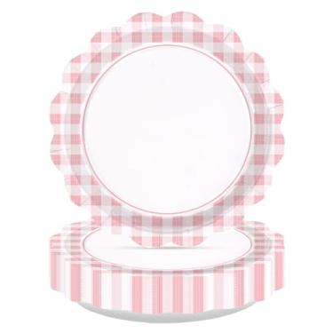 Imagem de Greencian 50 peças de artigos de festa guingão rosa claro branco e rosa pratos de papel quadriculado para meninas, churrasco, reunião, piquenique, chá de bebê, casamento, festa de aniversário