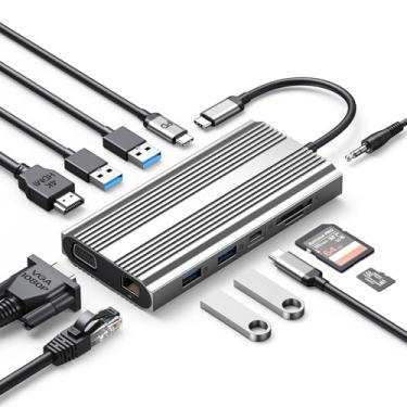 Imagem de Estação de ancoragem USB C 12 em 1 com HDMI 4K 1.4, VGA, 100W PD, Ethernet, 5 portas de dados USB, SD/TF, áudio, compatível com Windows/Mac OS, prata