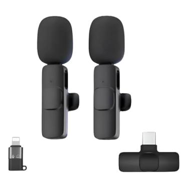Imagem de Microfone Sem Fio Duplo para iOS, USB-C, Bluetooth 5.0, Preto, 6,5cm, Bateria 80mAh, Autonomia 5h, Kit com 2 Microfones e Adaptador