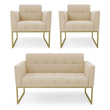 Imagem de Kit 1 Sofá Namoradeira e 2 Poltronas Elisa Suede Bege Base Metálica Industrial Dourado D03 - D'Rossi