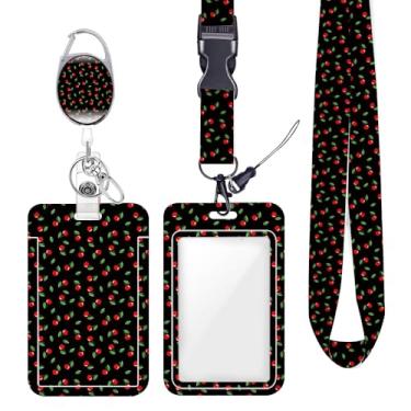 Imagem de Porta-crachá de identificação cereja para crachá para crachás de identificação, chaveiro protetor vertical, clipes de mosquetão retráteis, cordão de chave resistente para mulheres, enfermeira, médica