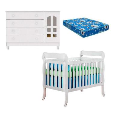 Imagem de Berço Americano Lila E Cômoda Gran Selena Branco Brilho Com Colchão - Carolina