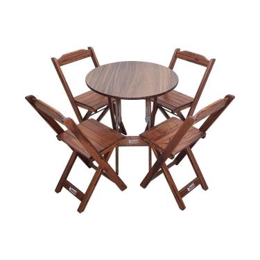 Imagem de Mesa Dobrável De Madeira Redonda 70cm Com 4 Cadeiras Imbuia Cor: Marrom