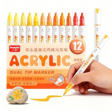 Imagem de kander Marcadores de tinta acrílica de ponta dupla de 12 cores, cor laranja amarela — conjunto de canetas de pincel extrafino e macio com fluxo de tinta direto para esboçar, detalhar, colorir em