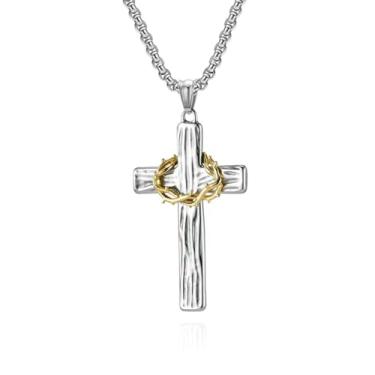 Imagem de Colar de cruz de coroa de espinhos religioso cristão colar pingente de primeira comunhão batismo joias presentes para homens e mulheres, standard size, Liga de aço, Sem Pedra Preciosa
