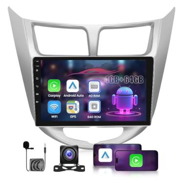 Imagem de Carplay estéreo automotivo sem fio para Hyundai Accent 2010-2016 Android Auto, [8 núcleos 4G + 64G] Rádio veicular com tela sensível ao toque de 22 cm com DSP/BT/WiFi/link espelhado/GPS + câmera