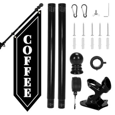 Imagem de Kit de bandeira de café ao ar livre com mastro – Faixa de lona dupla face resistente de 106 x 30 cm – Placa de loja comercial com suporte de metal para uso em café, loja ou restaurante (preto)
