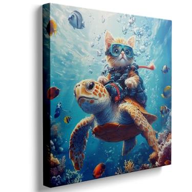 Imagem de DUFIPOR Arte engraçada de parede de gato de tartaruga marinha para banheiro, oceano tropical bolhas de peixe paisagem marítima praia costeira impressão em tela animal banheiro para quarto de meninos