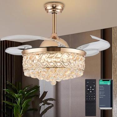Imagem de DuMaiWay Ventilador de teto de cristal de 122 cm com luz e controle remoto, ventilador de lustre de cristal LED regulável 6 velocidades, ventilador de teto invisível retrátil moderno para sala de