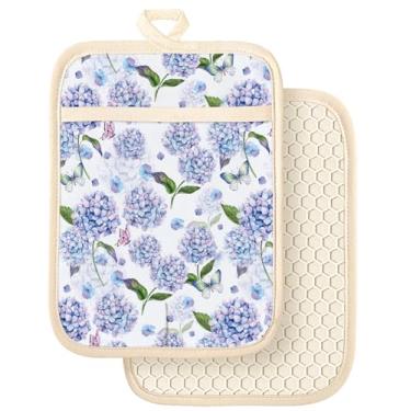 Imagem de Slohif Conjunto de 2 suportes de panela 100% algodão - Flores azuis resistentes ao calor almofadas quentes para forno para bancada, cozimento em casa, cozinhar no micro-ondas