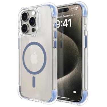 Imagem de OTOFLY Capa compatível com iPhone 15 Pro, compatível com Magsafe, capa magnética à prova de choque, não amarela, traseira transparente antiarranhões, azul