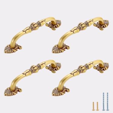 Imagem de Evionlin 9,6 cm 4 peças puxadores de porta de armário e guarda-roupa de cobre estilo chinês dourado, puxadores de gaveta pequenos