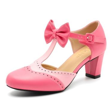 Imagem de Rjclyh Sapatos femininos Mary Jane com tira em T com laço, bico redondo, vintage, salto médio, recorte para festa escolar Lolita Cosplay, rosa, 39
