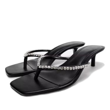 Imagem de Sandálias femininas de salto gatinho com strass com laço, bico aberto, chinelos de salto alto verão Miami + espuma viscoelástica, Preto, 34