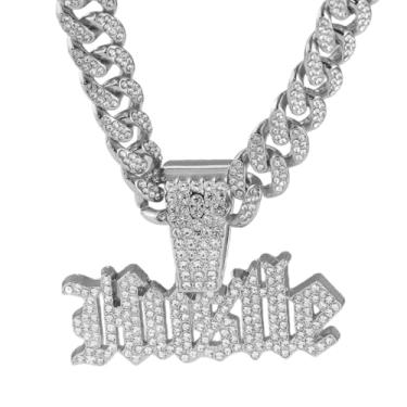 Imagem de GuoShuang Colar feminino com pingente HUSTLE com elos cubanos, corrente cubana Miami de 45,7 cm, joia hip hop, para mulheres