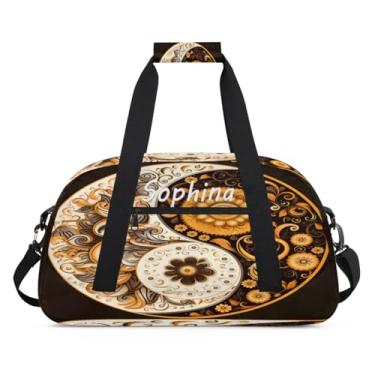 Imagem de Bolsa esportiva personalizada com flor Yin Yang retrô com nome, bolsa de dormir personalizada, bolsa de fim de semana, bolsa de treino para dança, balé, academia, ginástica, mala, viagem, presente