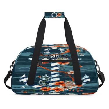 Imagem de Bolsa esportiva personalizada, âncora do mar, flor, retrô, com nome, bolsa de dormir personalizada, bolsa de fim de semana, bolsa de treino para dança, balé, academia, ginástica, mala de viagem