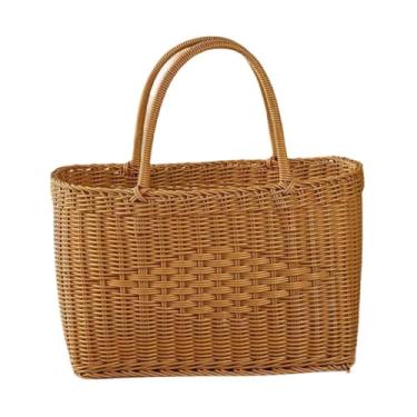 Imagem de Ｂｅｓｇａ Cesto trançado à mão, cesto de armazenamento artesanal, elegante e simples, imitação de rattan, portátil, com alças, multifuncional para jardim.