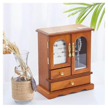 Imagem de HGTRH Caixa de joias de madeira maciça, organizador de joias com 4 gavetas/design de porta dupla, colar embutido, carrossel e espelho para colares, brincos, anéis B