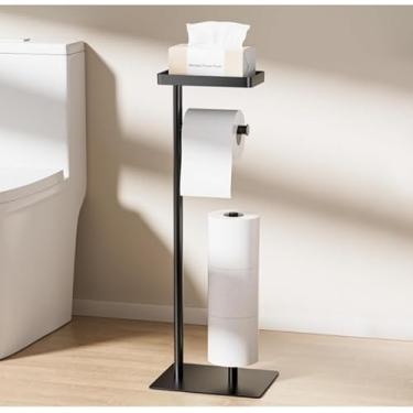 Imagem de Suporte moderno de papel higiênico e armazenamento de caixa de lenços, suporte organizador de banheiro de metal preto com prateleira superior
