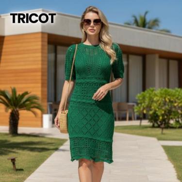 Imagem de Vestido Midi Tricot Vazado Manga Curta Cor:VerdeTamanho:U - Vitrine Co