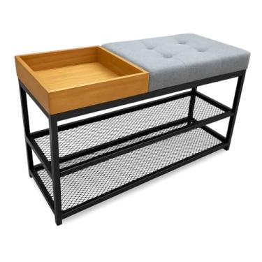 Imagem de SAPATEIRA ORGANIZADORA COM TELA 80CM ASSENTO ESTOFADO LUXO CAPITONE COM CAIXA APARADOR(Estrutura Preta/Assento Cinza)