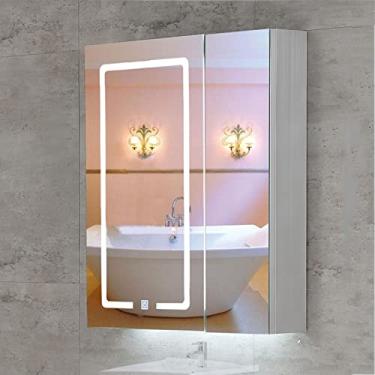 Imagem de Armários de banheiro com espelho, armário de banheiro LED SPXMQSS com prateleiras armário de espelho de banheiro com luzes LED com luz ambiente e espelho prata HD A, 70 x 70 x 13 cm