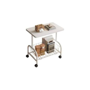 Imagem de Mesa Lateral Multiuso com Rodinhas, Branca, MDF e Metal, 43x30x57cm, Compacta e Portátil