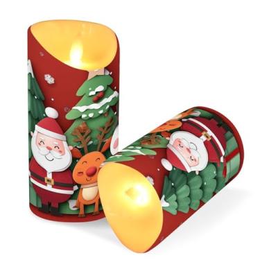 Imagem de Blueangle Pacote com 2 velas de boneco de neve de rena de Papai Noel com controle remoto e temporizador, velas LED cintilantes (7,6 cm x 15 cm) para decoração de casa, casamento, acampamento (507)