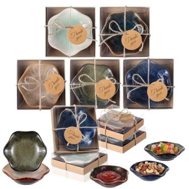 Imagem de Honeydak 10 conjuntos de tigelas em forma de flor 10 cm em forma de flor pequeno prato de cerâmica tempero tigela de molho de soja com caixa de cartão para lembrancinha de casamento, aniversário, chá