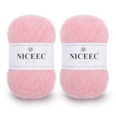 Imagem de NICEEC 2 novelos de fio de mohair de pelo longo, fofo e felpudo, luxuoso e fino, fio de mistura de lã para crochê e tricô, total de 79,9 g/788 m - rosa claro
