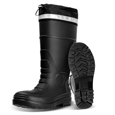 Imagem de E KAINI Botas de chuva masculinas cano alto à prova d'água com borracha PVC botas de lama para homens, confortáveis e leves, jardinagem, pesca, para quintal, trabalho ao ar livre, Preto, 13-13.5