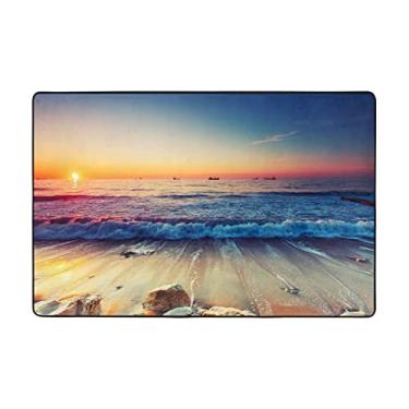 Imagem de Zeraoke Tapetes Sunset Beach Shore para sala de estar de 1,2 x 1,5 m, tapete macio e moderno, tapetes felpudos antiderrapantes para decoração de casa, tapete lavável para quarto, jantar, dormitório,