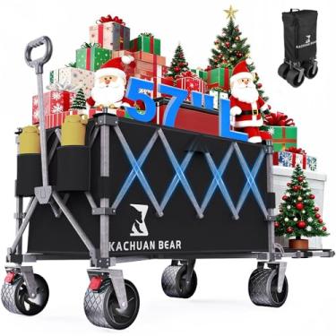 Imagem de Carroça dobrável grande de 144 cm de comprimento com porta traseira e freio, vagões de praia resistentes de 226 kg com rodas grandes para todo o terreno, carrinho utilitário dobrável de 300 L para