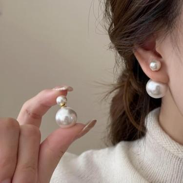 Imagem de Brincos de pérola dupla face para mulheres, moderno, vintage, com pérolas brancas, jaqueta, brincos de pérola, aniversário, casamento, presente de Natal, One Size, Cobre, Sem pedra preciosa