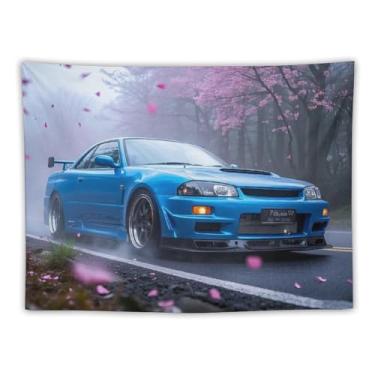 Imagem de HouLaiZhe JDM Tapeçaria de carro Jdm R32 Flores de cerejeira neblina grossa para pendurar na parede quarto decoração de casa tapeçarias estética piquenique decoração de parede arte de parede para