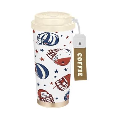 Imagem de STAYTOP Caneca de café de viagem isolada com bola de futebol americano e capacete de 500 ml, copo de café reutilizável de aço inoxidável com tampa flip à prova de vazamento à prova de vazamento para