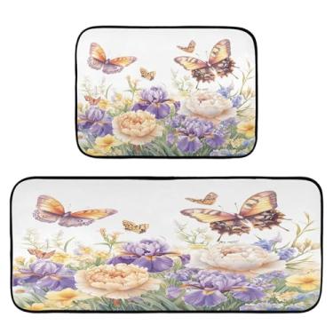 Imagem de Qilmy Tapetes de cozinha de primavera flores silvestres e borboletas 2 peças, tapete de entrada frontal antiderrapante, alivia a fadiga, lavável, tapete para cozinha, quarto, varanda646