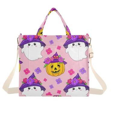 Imagem de Burbuja Sacola feminina Cute Ghosts Pumpkins, bolsa tiracolo de veludo cotelê, para compras, trabalho, viagens, Abóboras fantasmas fofas, Small