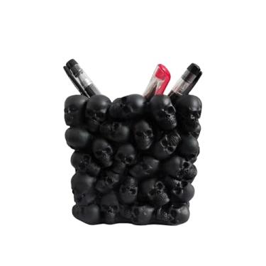 Imagem de RURAUOGR Porta-lápis de caveira, porta-pincéis de maquiagem, suporte de escova de dentes, vaso de flores, armazenamento de chaves, esqueleto, resina, escritório, decoração de Halloween (preto)