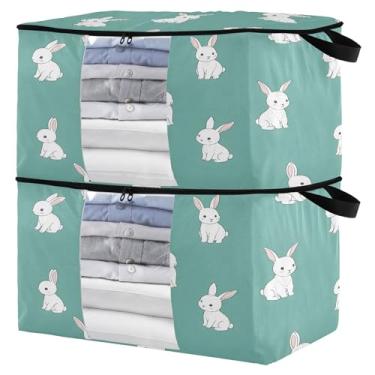 Imagem de Burbuja Bolsa de armazenamento de roupas de coelho com tampas e alça, embalagem com 2 recipientes de armazenamento de cobertor dobrável com zíper resistente e janela transparente para armário de