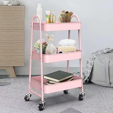 Imagem de Carrinho Organizador Multiuso 3 Níveis com Rodinhas em Aço – Para Cozinha Banheiro e Lavanderia Carrinho Auxiliar para Organização (CP157= Rosa)