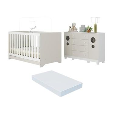 Imagem de Berço Americano 3 em 1 com Colchão Incluso e Cômoda 2 Portas 4 Gavetas Bombom Multimóveis Mp4720 Branco/off White