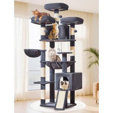 Imagem de Taoqimiao Árvore para gatos de 196 cm com postes para arranhar, torre de gato 2GG para gatos grandes com tábua de arranhar, rede de metal extragrande, 3 poleiros, 2 condomínios grandes, cesta suspensa