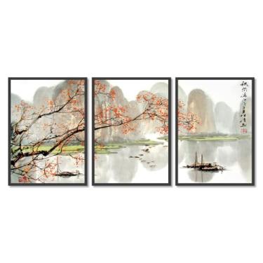 Imagem de Arte de cenário japonês, impressão floral, pintura a tinta, barco, pássaro, pôsteres em tela, decoração asiática, arte de parede japonesa para decoração de sala de estar e quarto (SKU5-3 peças, 16 x